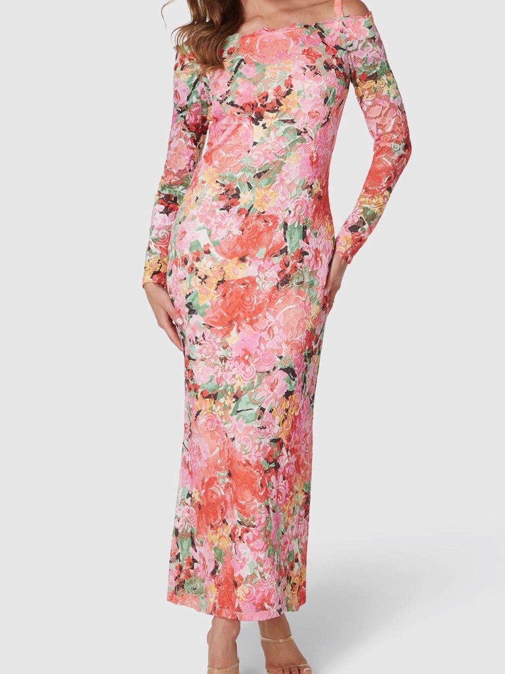 Oleg Cassini Pink Coral Floral Off-Shoulder Long Sleeve Maxi Dress